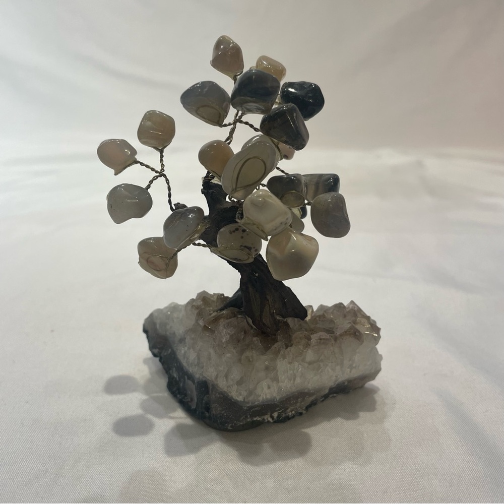 Agate Tree on Amethyst Chunk with small stone pebbles and metal branches crystal